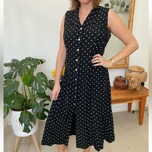 Vintage black and white polka dot button up sleeveless dress